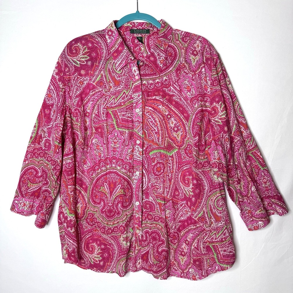 Lauren Ralph Lauren Tunic Top 3X Button Lightweight Gauze 100% Cotton Print 3XL